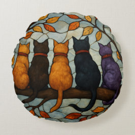 Five Cats on a Tree Branch Stained Glass Style ラウンドクッション
