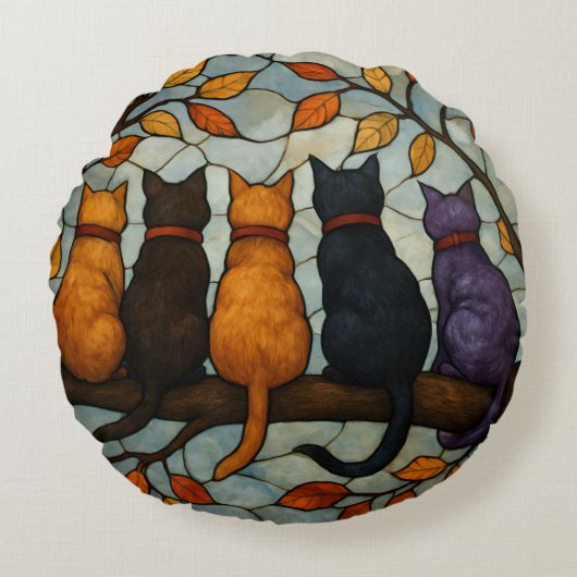Five Cats on a Tree Branch Stained Glass Style ラウンドクッション (正面)