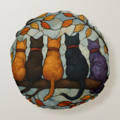 Five Cats on a Tree Branch Stained Glass Style ラウンドクッション (裏面)