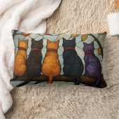 Five Cats on a Tree Branch Stained Glass Style ランバークッション (ブランケット)