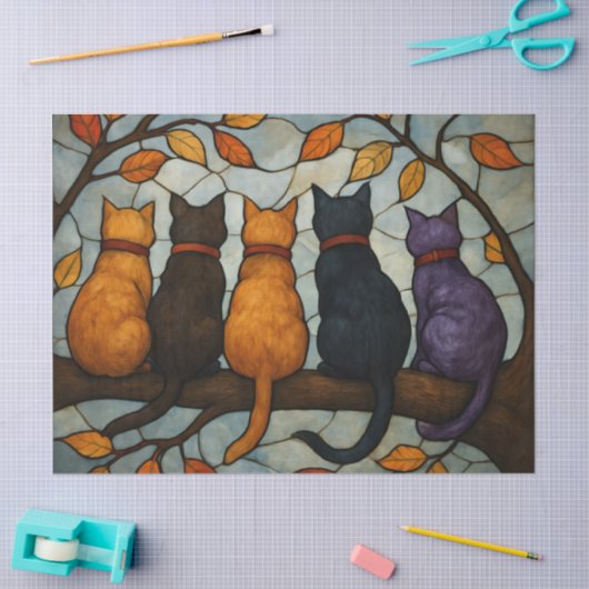 Five Cats on a Tree Branch Stained Glass Style 薄葉紙 (クラフト)