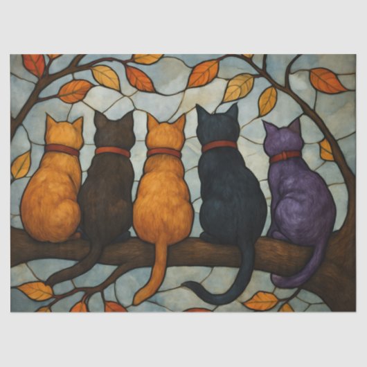Five Cats on a Tree Branch Stained Glass Style 薄葉紙 (正面)