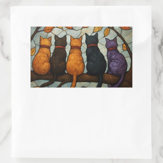 Five Cats on a Tree Branch Stained Glass Style 長方形シール (バッグ)