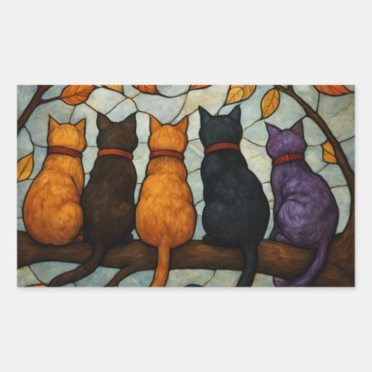 Five Cats on a Tree Branch Stained Glass Style 長方形シール (正面)