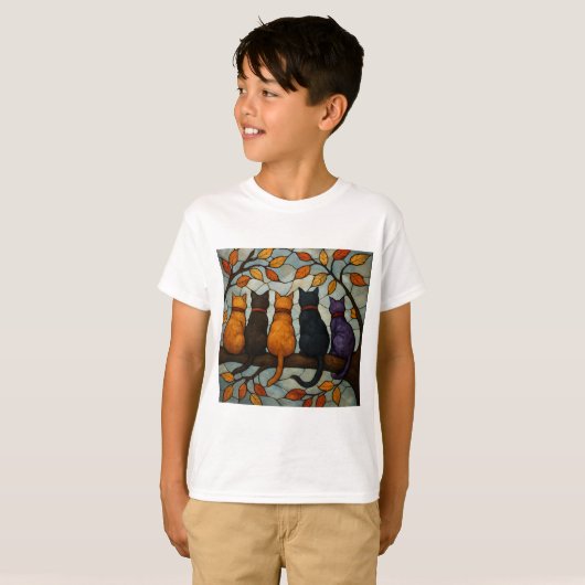 Five Cats on a Tree Branch Stained Glass Style Tシャツ (正面フル)