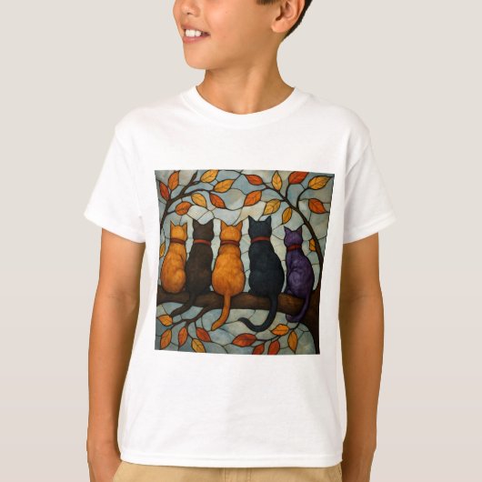 Five Cats on a Tree Branch Stained Glass Style Tシャツ (正面)