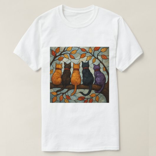 Five Cats on a Tree Branch Stained Glass Style Tシャツ (デザイン正面)