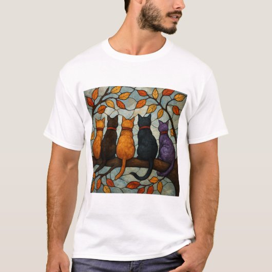 Five Cats on a Tree Branch Stained Glass Style Tシャツ (正面)