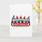 Five Cute Penguins Happy Holidays Banner Card カード (黄色い花)