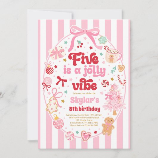 Five Is A Jolly Vibe Christmas Bow 5th Birthday 招待状 (正面)