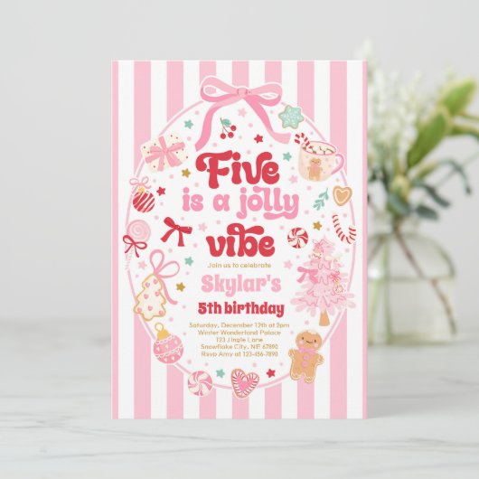 Five Is A Jolly Vibe Christmas Bow 5th Birthday 招待状 (スタンド正面)