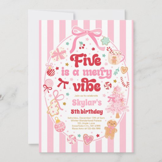 Five Is A Merry Vibe Christmas Bow 5th Birthday 招待状 (正面)