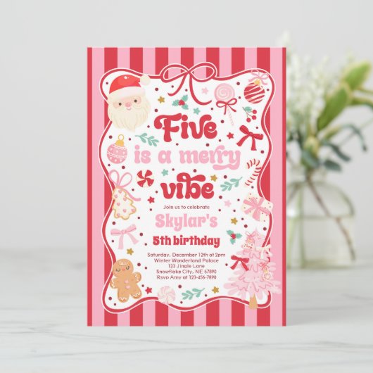 Five Is A Merry Vibe Christmas Bow 5th Birthday 招待状 (スタンド正面)