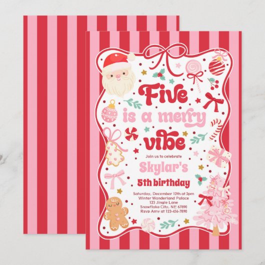 Five Is A Merry Vibe Christmas Bow 5th Birthday 招待状 (正面/裏面)