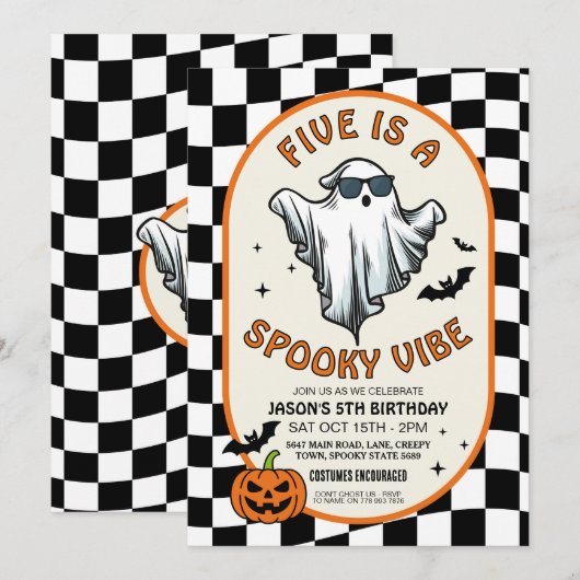 Five is a Vibe ゴースト バット ハロウィンパーティー 招待状 (正面/裏面)
