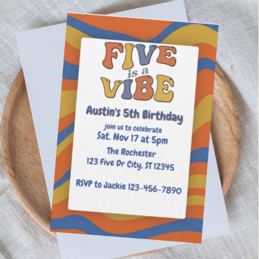 Five is a Vibe, Blue Orange Yellow 5th Birthday 招待状
