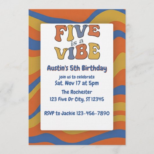 Five is a Vibe, Blue Orange Yellow 5th Birthday 招待状 (正面)