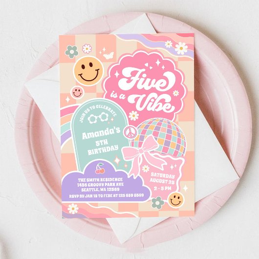 Five Is A Vibe Cloud Rainbow Disco 5th Birthday 招待状