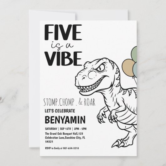 Five is a Vibe Dinosaur  Boy  Birthday Party  招待状 (正面)