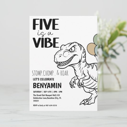 Five is a Vibe Dinosaur  Boy  Birthday Party  招待状 (スタンド正面)