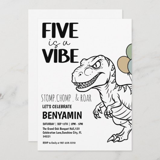 Five is a Vibe Dinosaur  Boy  Birthday Party  招待状 (正面/裏面)