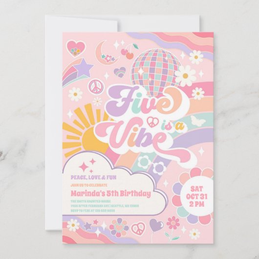Five Is A Vibe Disco Rainbow Sun 5th Birthday 招待状 (正面)