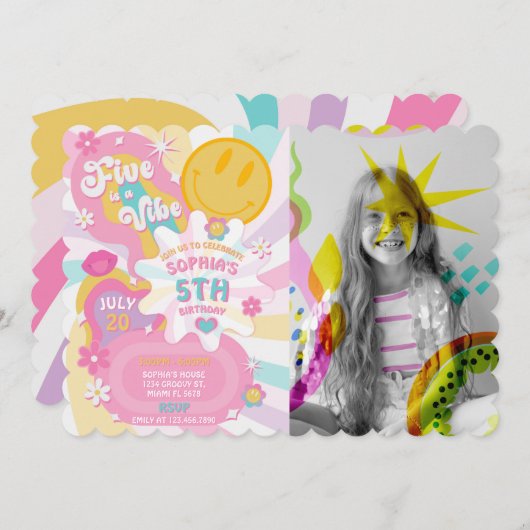 Five is a Vibe Groovy誕生日フォト招待状 招待状 (正面/裏面)