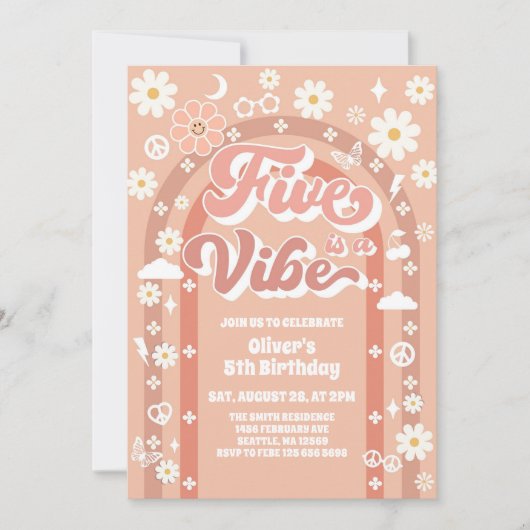 Five Is A Vibe Groovy Retro 5th Birthday 招待状 (正面)