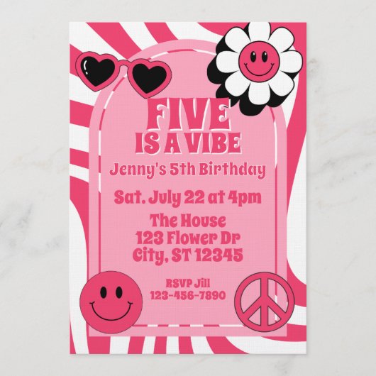 Five is a Vibe, pink retro 5th Birthday 招待状 (正面)