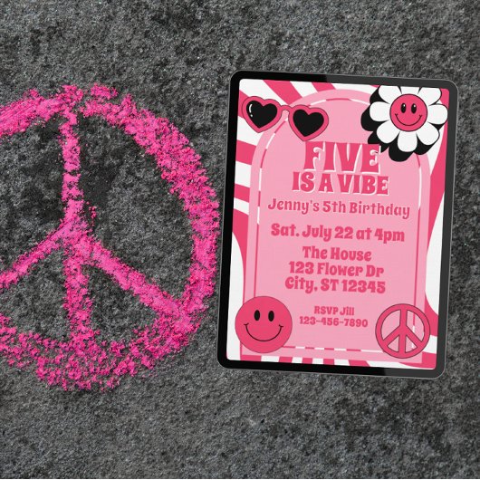 Five is a Vibe, pink retro 5th Birthday 招待状