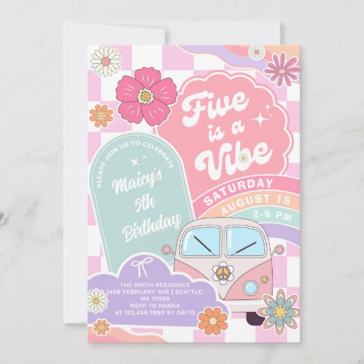 Five is a Vibe Rainbow Daisy 5th Birthday 招待状 (正面)