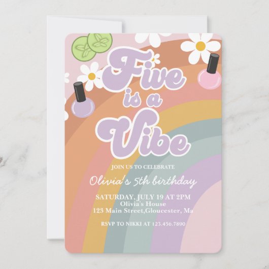 Five is a vibe Spa Rainbow 5歳の誕生日 招待状 (正面)