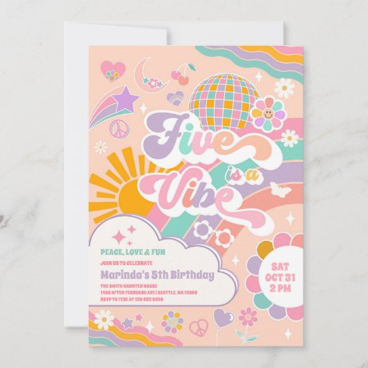 Five Is A Vibe Sun Rainbow Disco 5th Birthday 招待状 (正面)