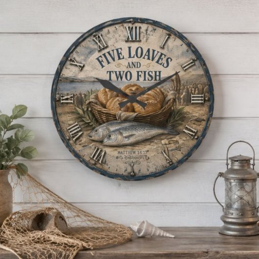 Five Loaves and Two Fish Bible Christ ラージ壁時計