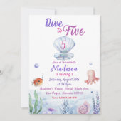 Five Mermaid 5th Birthday Partyにダイビング 招待状 (正面)