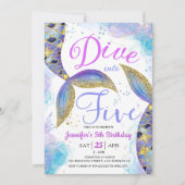 Five Mermaid 5th Birthday Party招待状に飛び込む 招待状 (正面)