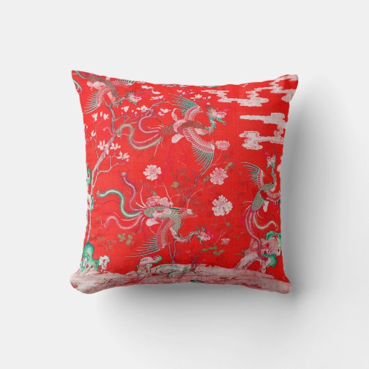 Five Phoenixes in Garden Chinese Red Floral クッション (正面)