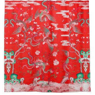 Five Phoenixes in Garden Chinese Red Floral シャワーカーテン