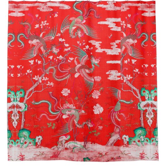 Five Phoenixes in Garden Chinese Red Floral  シャワーカーテン (正面)
