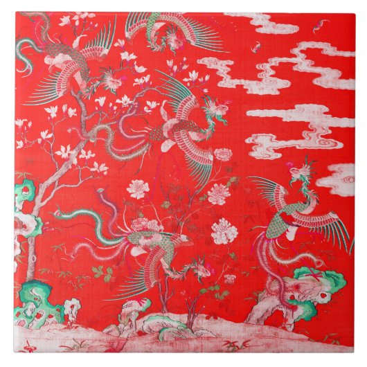 Five Phoenixes in Garden Chinese Red Floral  タイル (正面)