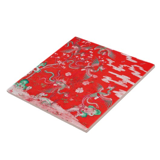 Five Phoenixes in Garden Chinese Red Floral  タイル (側面)