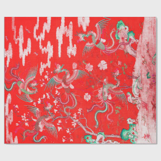 Five Phoenixes in Garden Chinese Red Floral ラッピングペーパー
