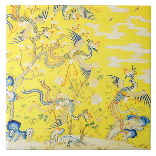 Five Phoenixes in Garden Chinese Yellow Floral  タイル (正面)