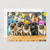 Five Pugs with Party Hats Together ポストカード (正面/裏面)