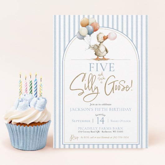 FIVE Silly Goose Cute Pinstripe Boy 4th Birthday 招待状