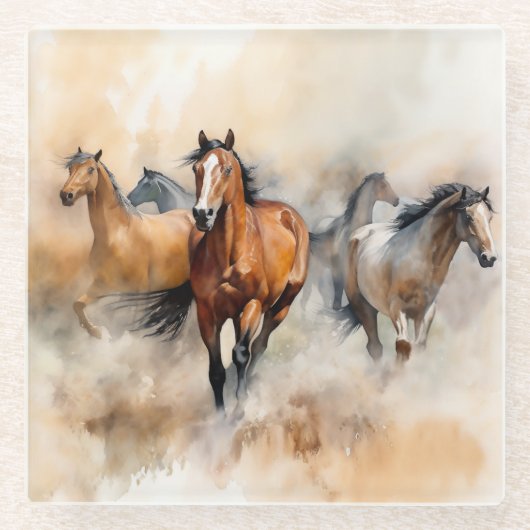 “Five Wild Mustangs” 荒々しいウエスタン+ウォーターカラー ガラスコースター (正面)