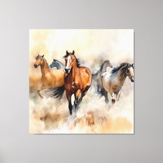 “Five Wild Mustangs” 荒々しいウエスタン+ウォーターカラー キャンバスプリント (正面)