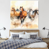 “Five Wild Mustangs” 荒々しいウエスタン+ウォーターカラー キャンバスプリント (インサイチュ (寝室))