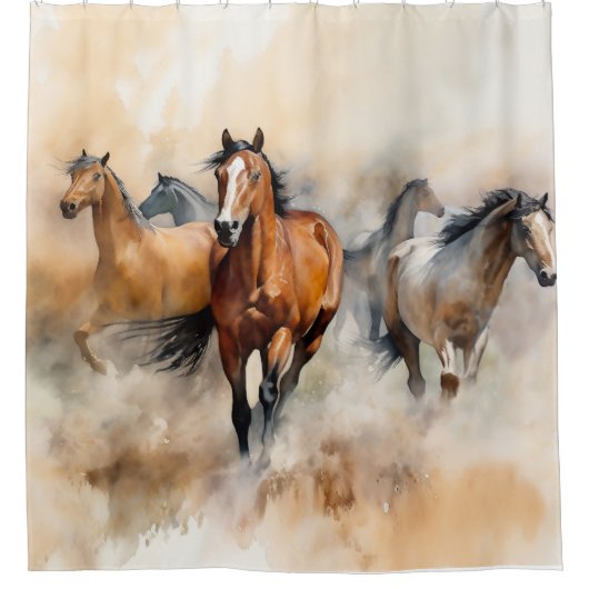 “Five Wild Mustangs” 荒々しいウエスタン+ウォーターカラー シャワーカーテン (正面)