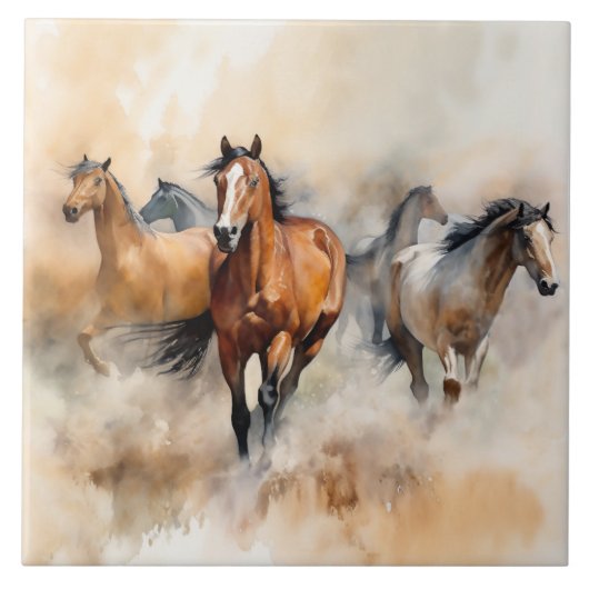 “Five Wild Mustangs” 荒々しいウエスタン+ウォーターカラー タイル (正面)